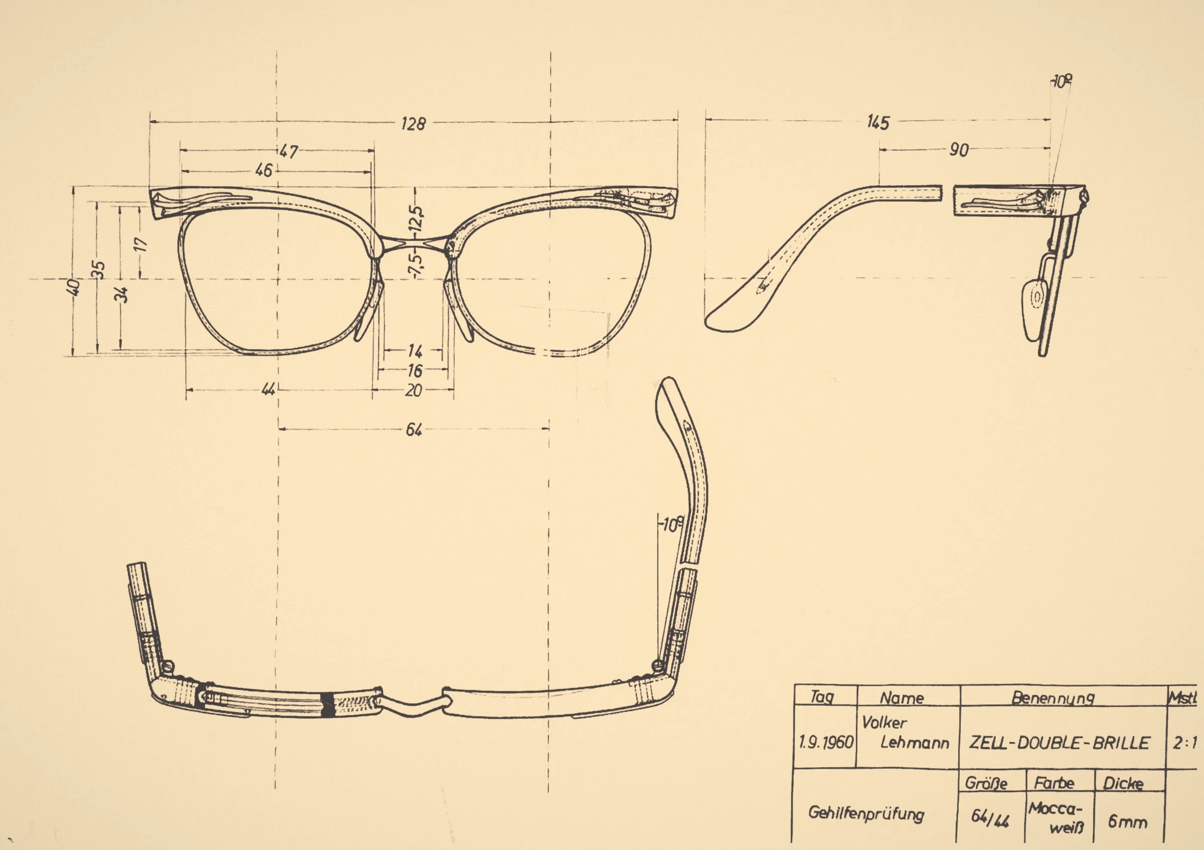 Eine gerahmte technische Zeichnung einer Brille aus einer Gehilfenprüfung von 1960.